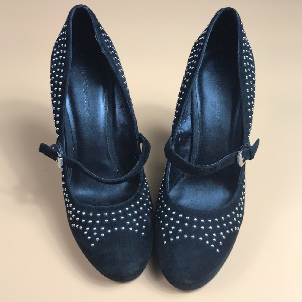 BCBG women’s leather studded heels with strap